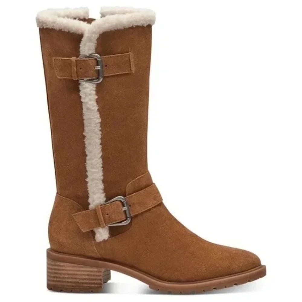 Genuine Leather Suede Womens Boots Faux Fur Trim Jacoba  Buckle Full Zip Size 7